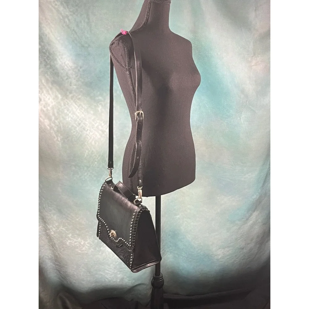 American West Black Hand Tooled Leather Studded Floral Top Handle‎ Handbag Bag